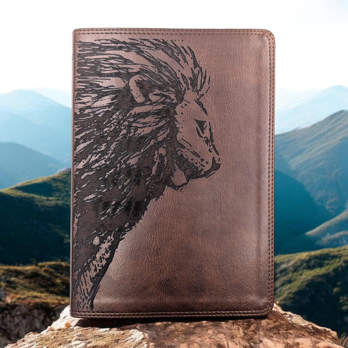Personalized ESV Bible Giant Print: Engraved Lion and Crown of Thorns, Brown Leatherlike