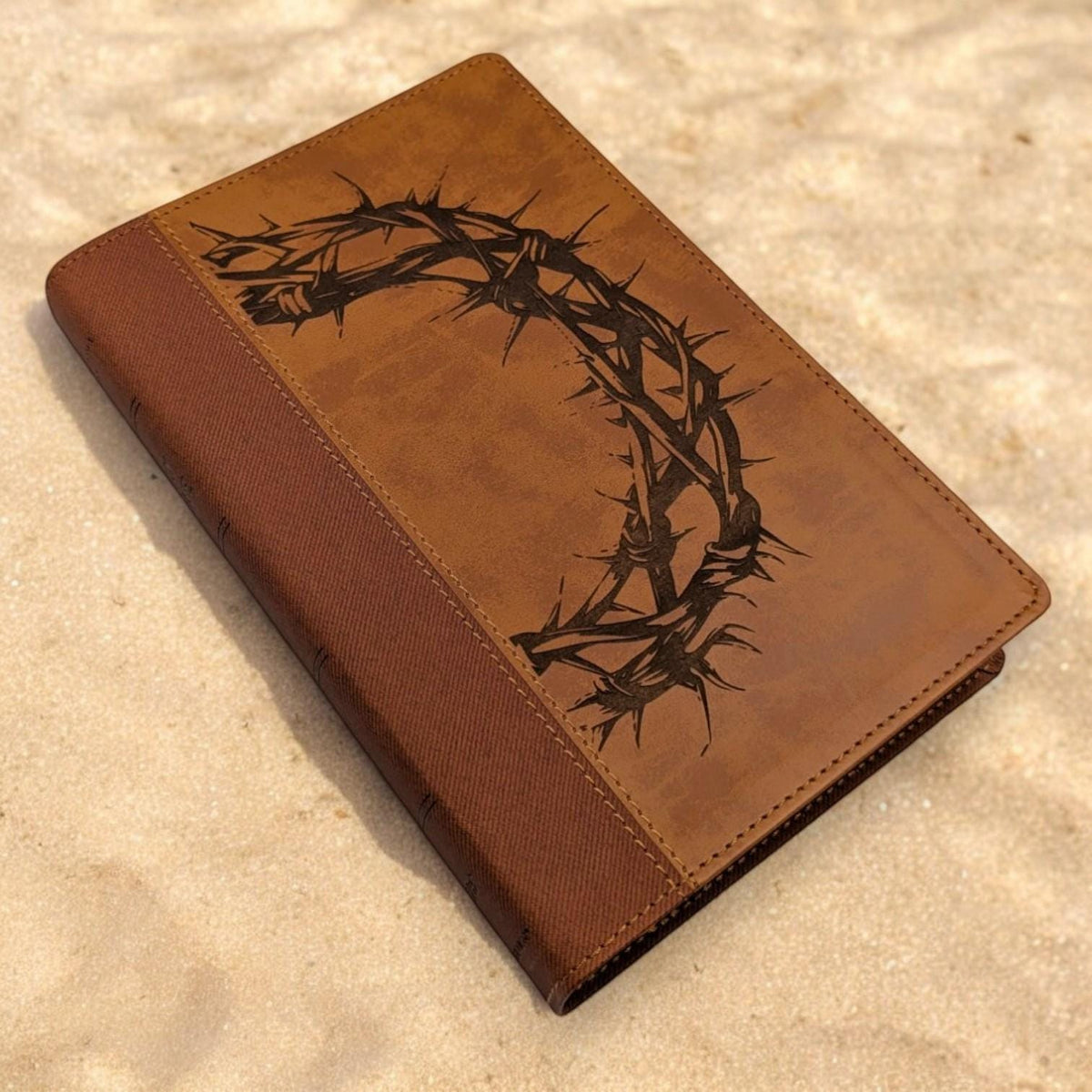 Personalized NIV Bible Large Print: Engraved Crown of Thorns, Brown Leatherlike