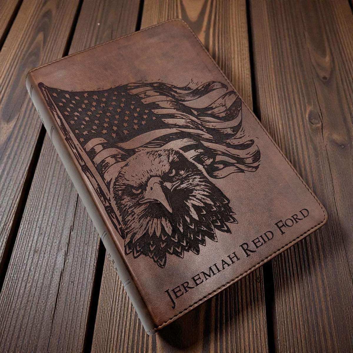 Personalized ESV Study Bible: Engraved American Flag and Eagle Design, Brown Leatherlike, Personal Size