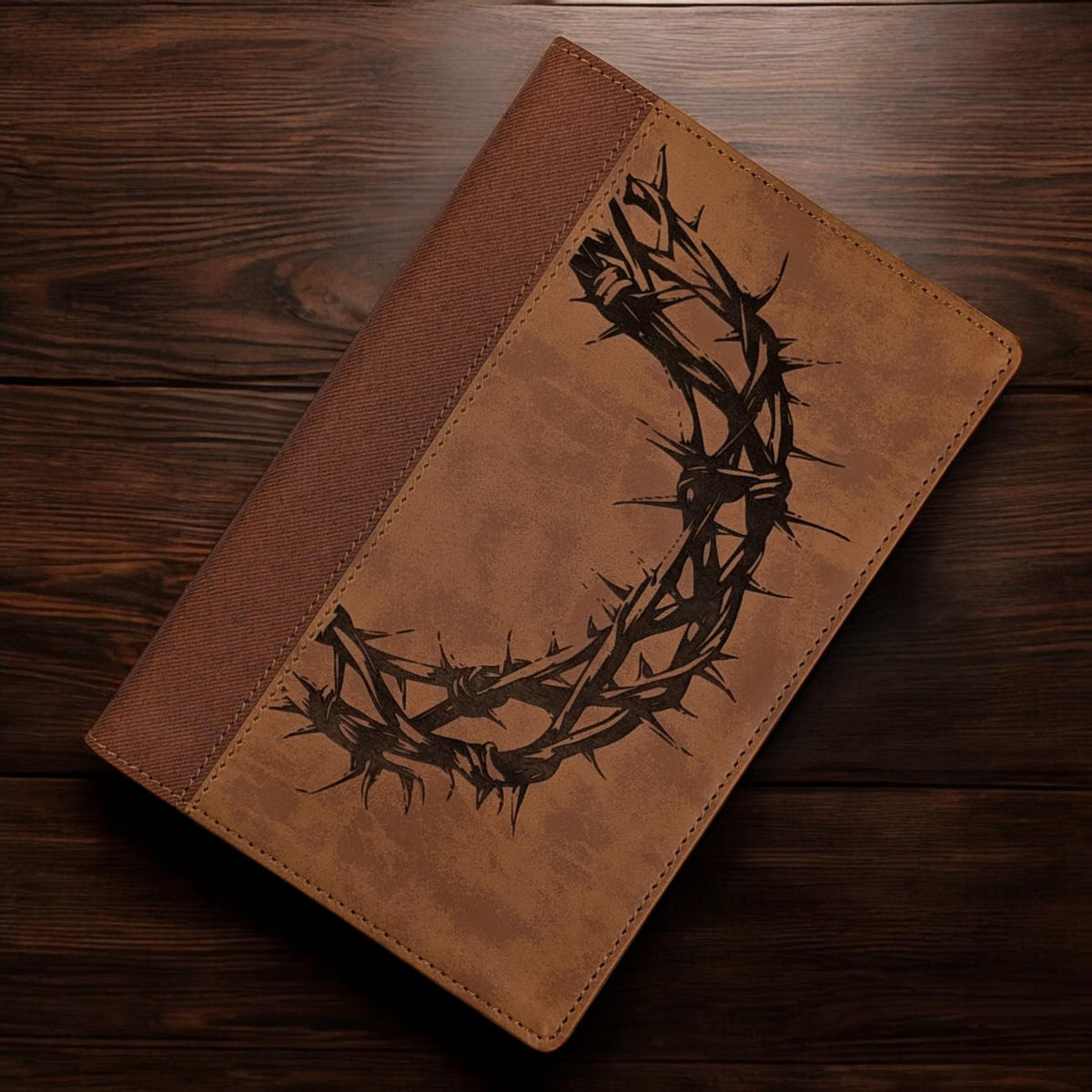 Personalized NIV Bible Large Print: Engraved Crown of Thorns, Brown Leatherlike