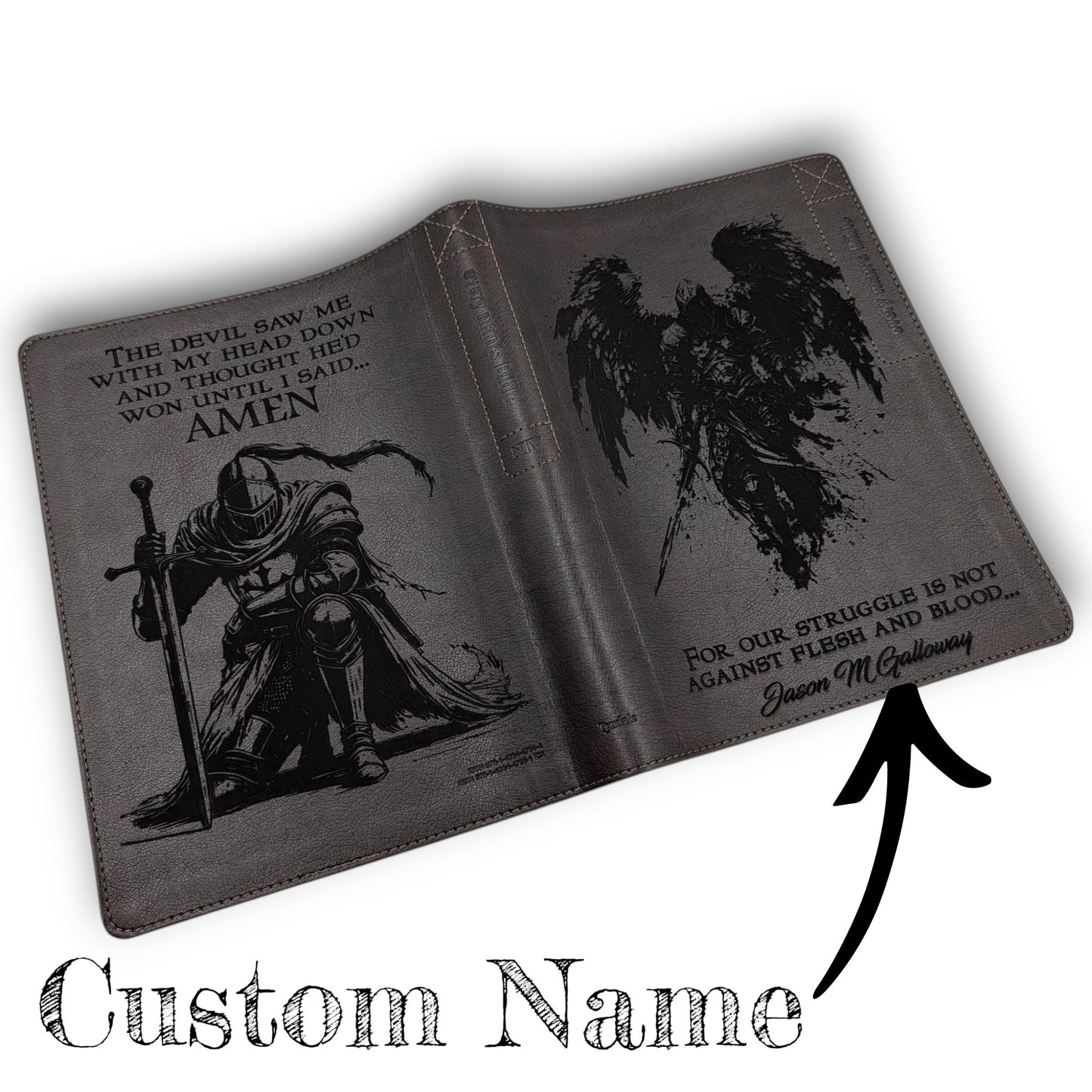 Personalized Every Man's NLT Bible (Brown): Michael Archangel, Kneeling Warrior Engraving, Optional Thumb Index