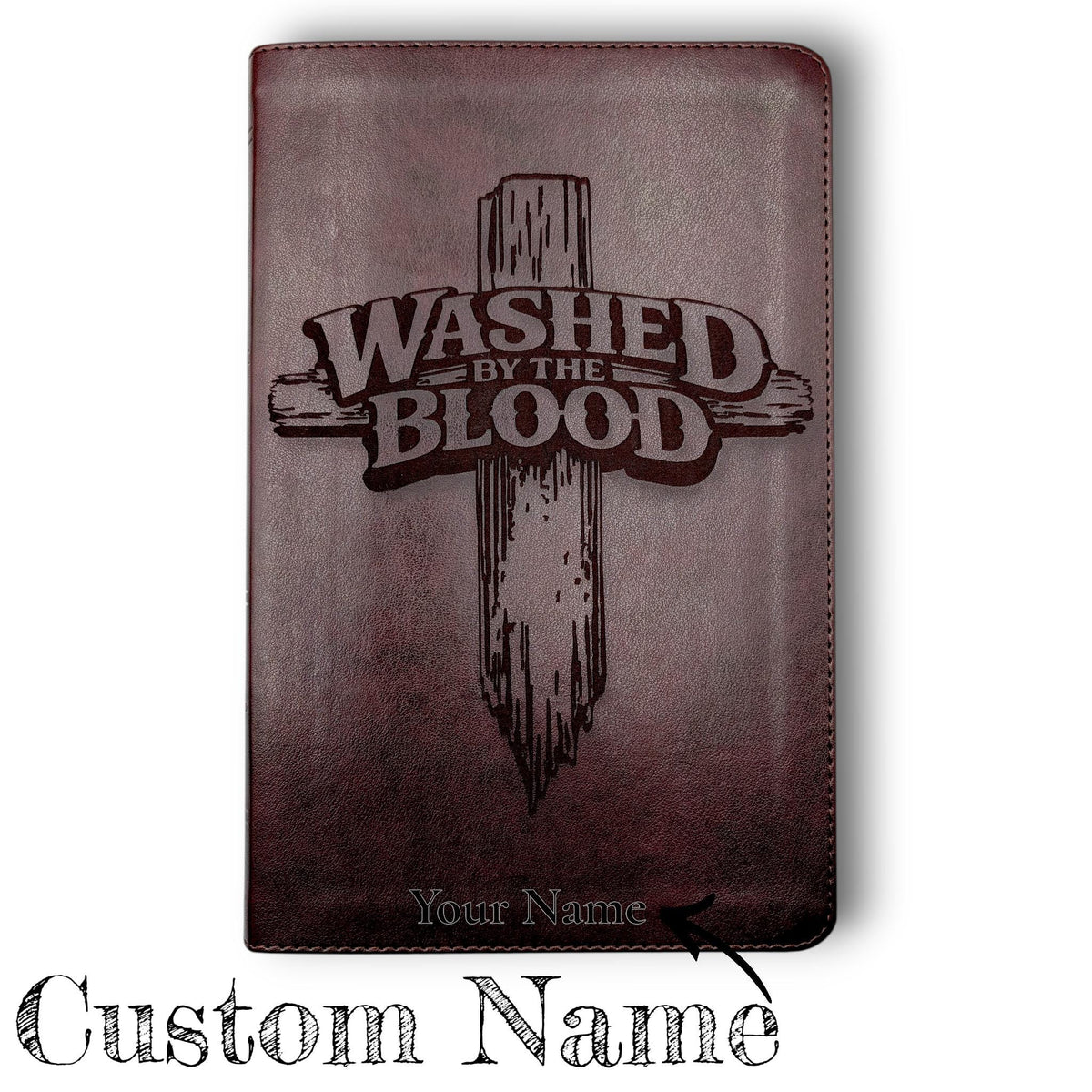 Personalized ESV Thinline Bible Large Print: Washed By The Blood Cross Design, Mahogany Cover