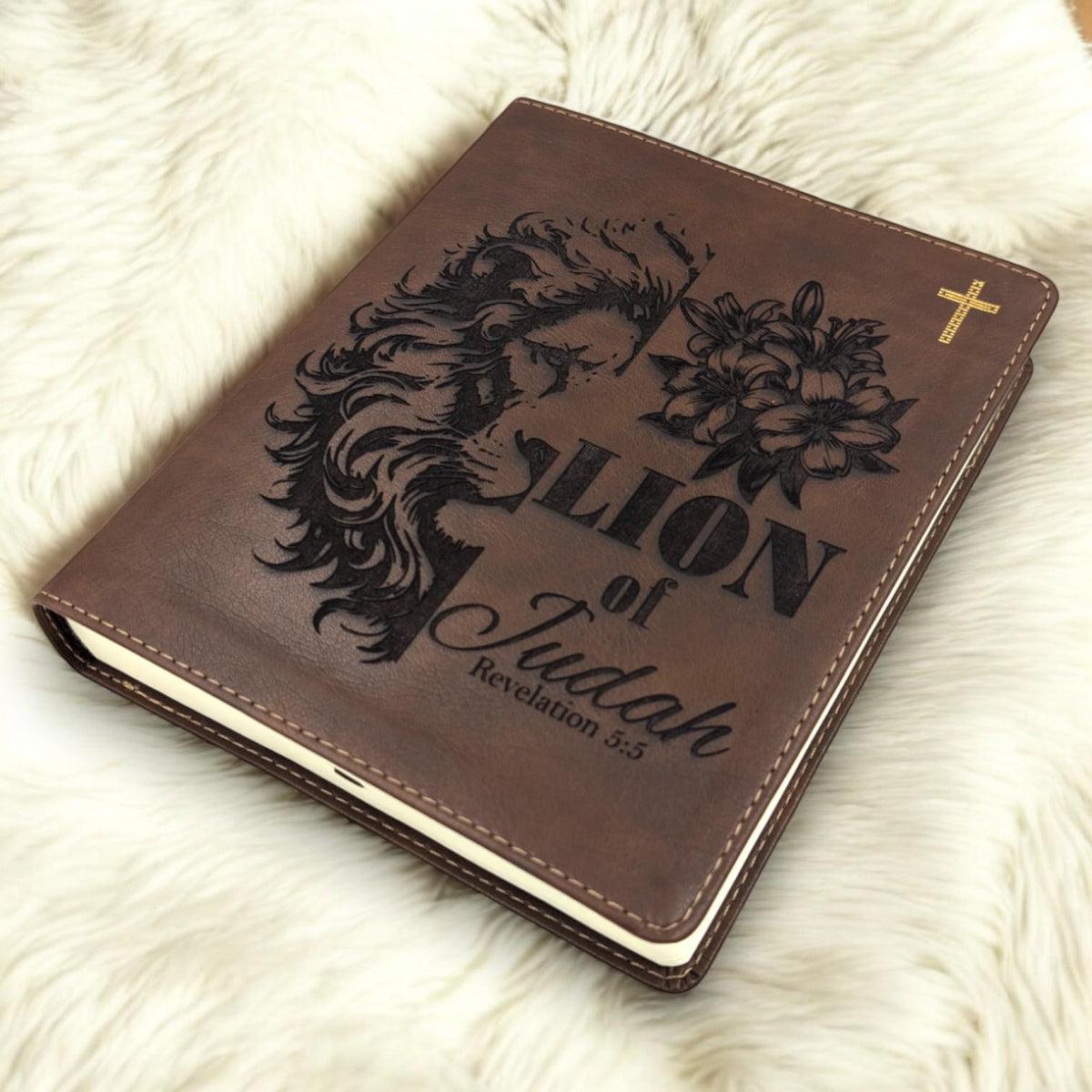 Personalized NIV Journal Bible: Engraved Lion of Judah and Lily Design, Lined Wide Margins