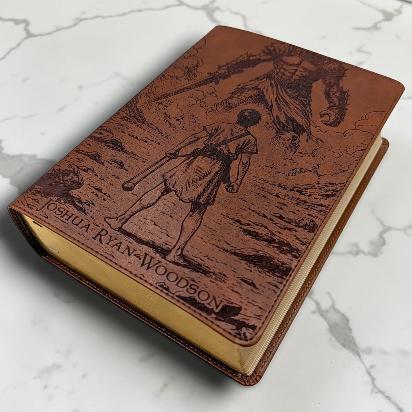 Personalized CSB He Reads Truth Bible: Engraved David & Goliath, Brown Leatherlike, Wide Margin