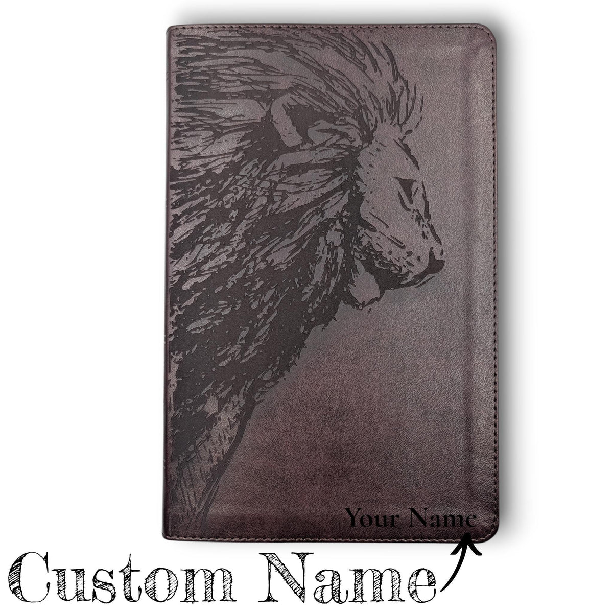 Personalized ESV Thinline Bible Large Print: Engraved Lion, Mahogany Cover, Red Letter