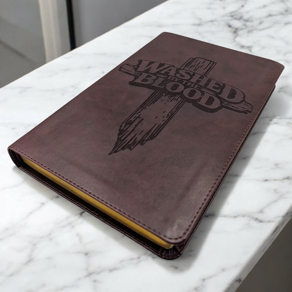 Personalized ESV Thinline Bible Large Print: Washed By The Blood Cross Design, Mahogany Cover