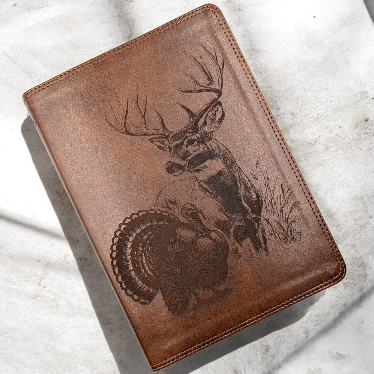 Personalized ESV Bible Giant Print: Engraved Deer and Turkey, Deep Brown Leatherlike
