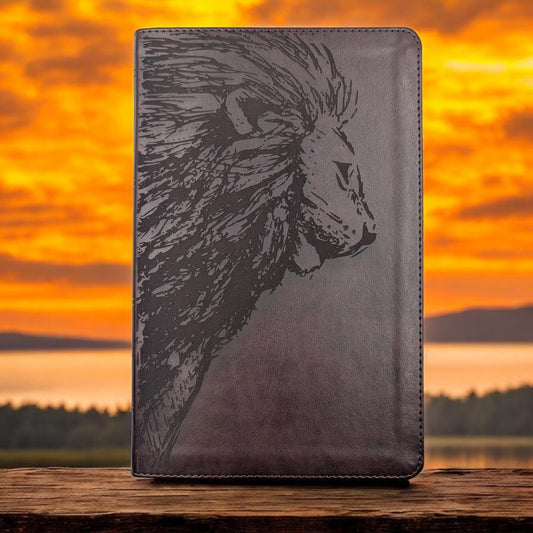 Personalized ESV Thinline Bible Large Print: Engraved Lion, Mahogany Cover, Red Letter