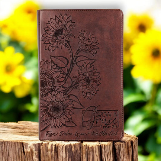 Personalized ESV Bible Large Print for Women: Engraved Sunflower and Grow in Grace Verse