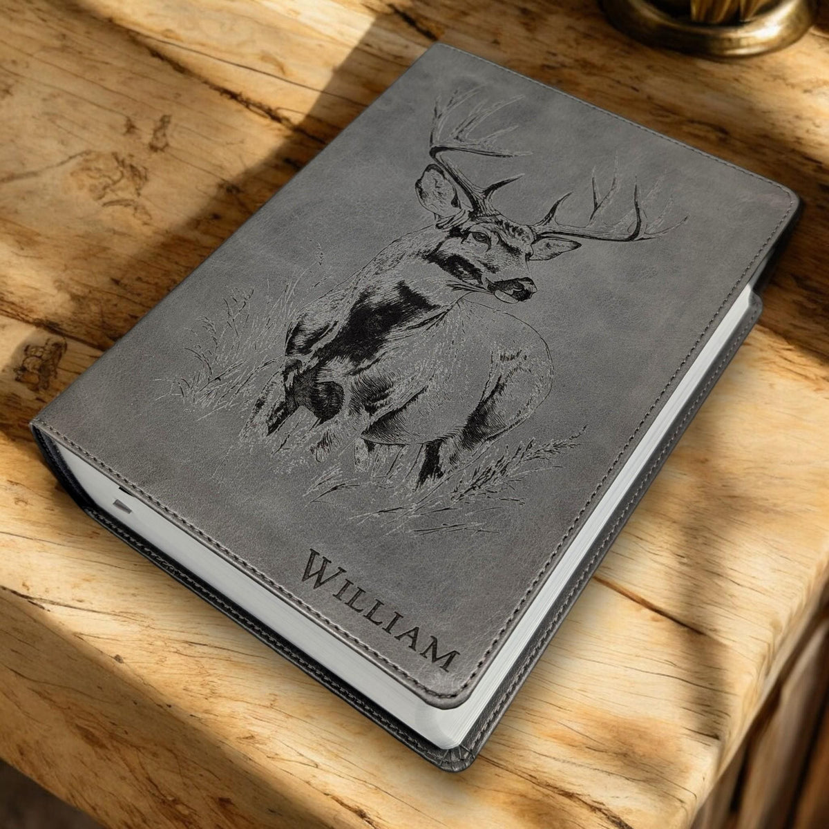 Personalized CSB He Reads Truth Bible: Engraved Buck Deer, Gray Leatherlike, Wide Margin