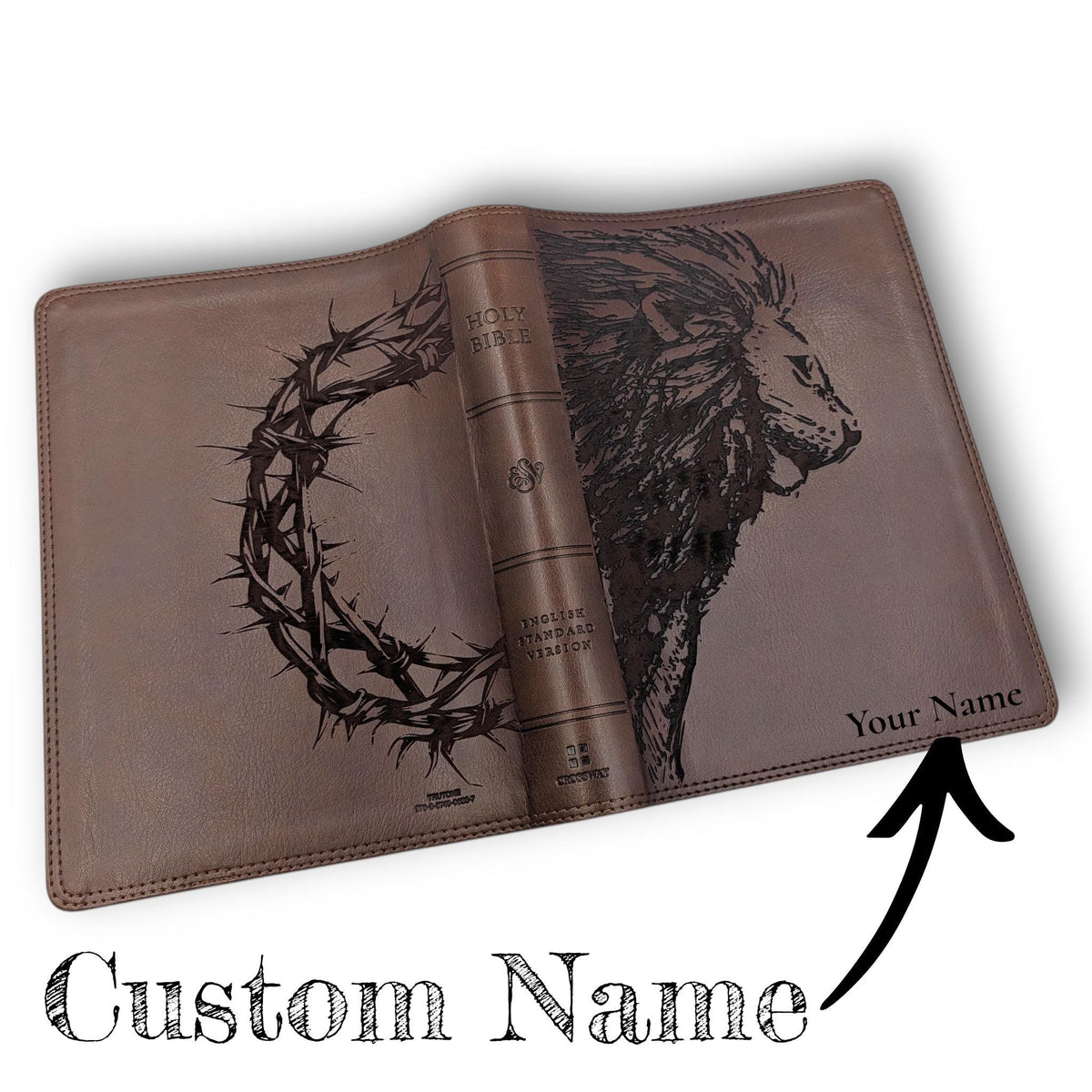 Personalized ESV Bible Giant Print: Engraved Lion and Crown of Thorns, Brown Leatherlike