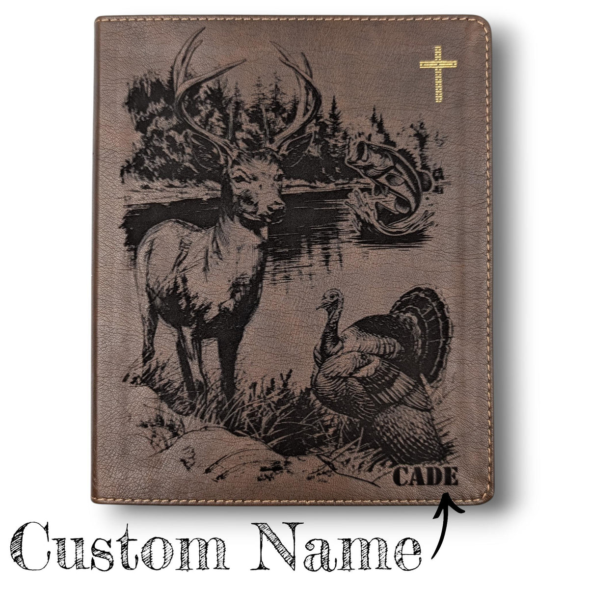 Personalized NIV Journal Bible: Engraved Deer Fish Turkey, Lined Wide Margins