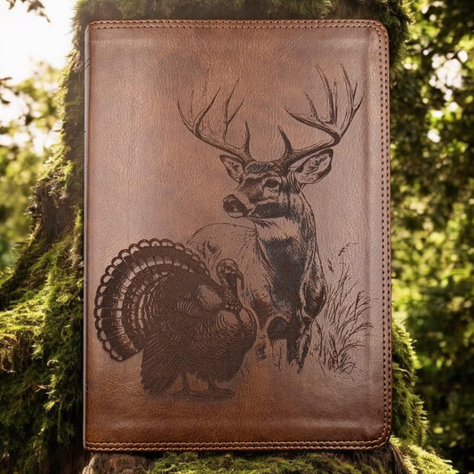 Personalized ESV Bible Giant Print: Engraved Deer and Turkey, Deep Brown Leatherlike