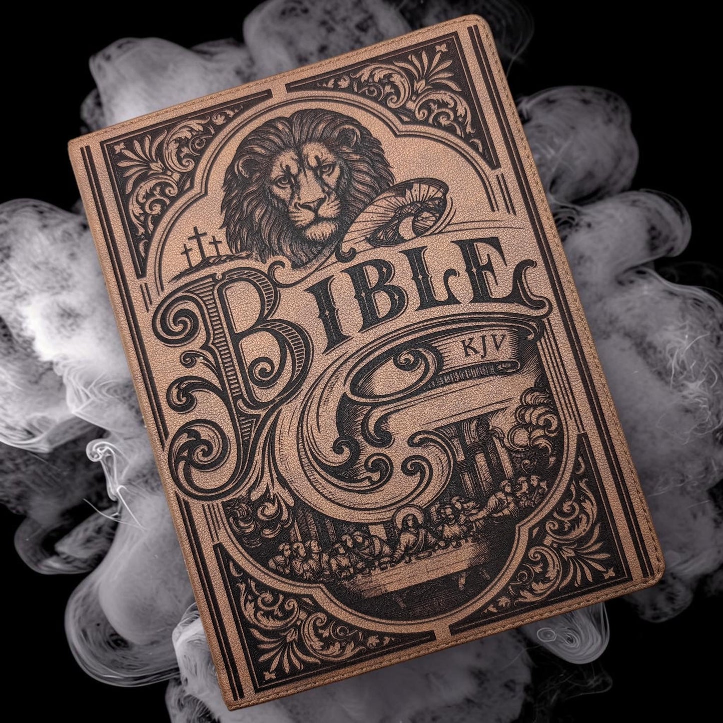 Personalized KJV Bible: Lion, Cross, Empty Tomb & Last Supper Engraving, Wide Margin, Brown Leatherlike