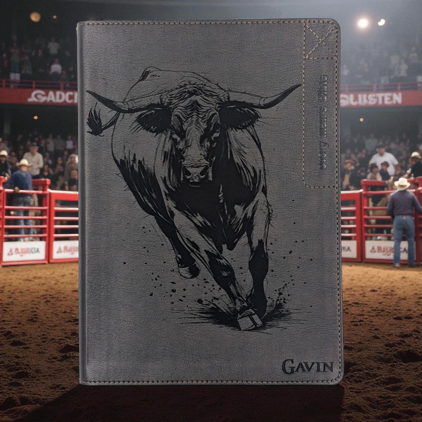 Personalized Every Man's Large Print NIV Bible: Engraved Rodeo Bull and Kneeling Cowboy, Brown
