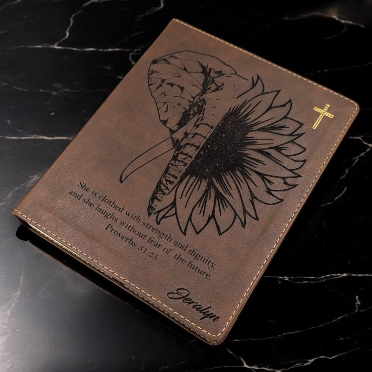 Personalized NIV Journal Bible for Women: Engraved Elephant & Sunflower, Lined Wide Margins