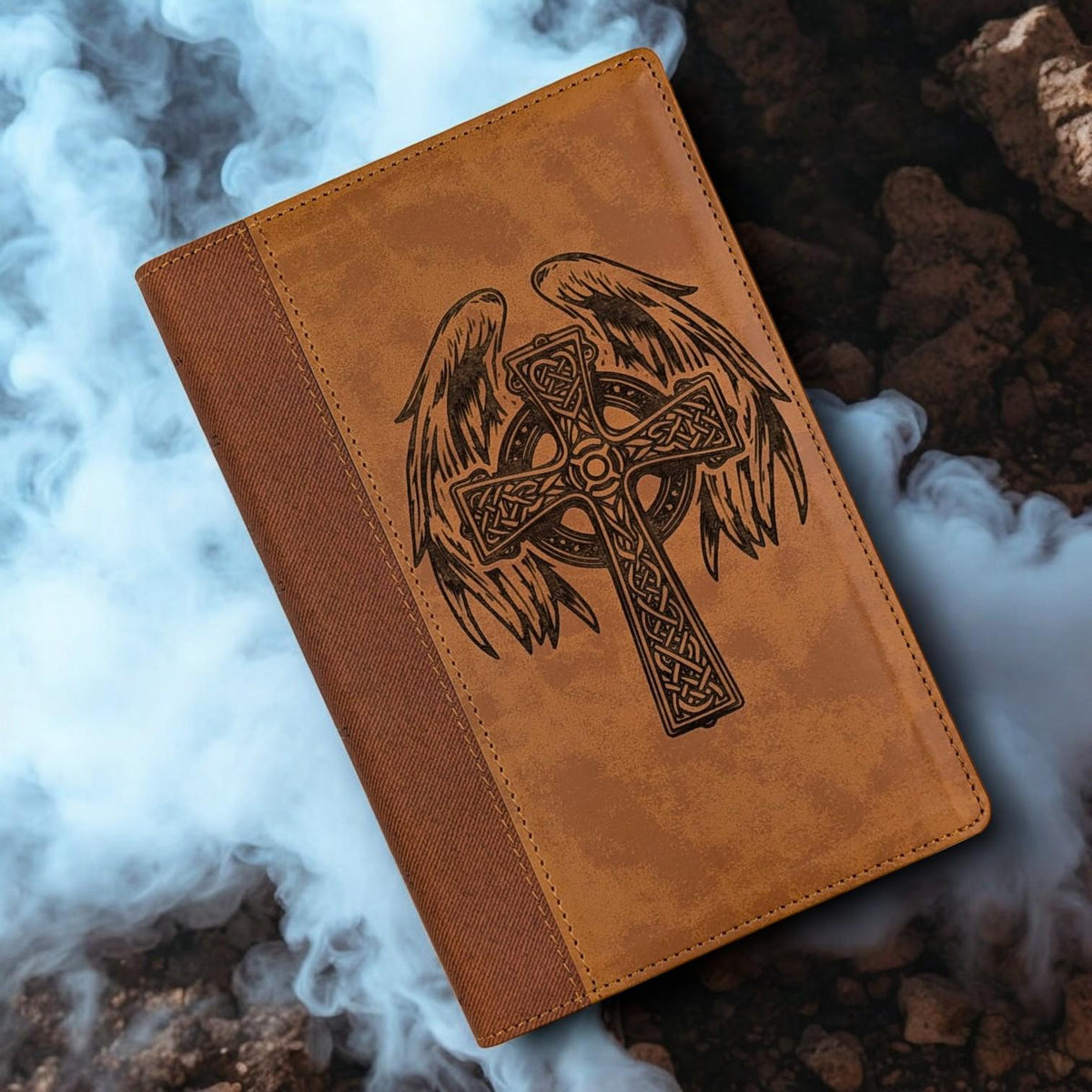 Personalized NIV Bible Large Print: Engraved Celtic Cross & Angel Wings, Brown Leatherlike