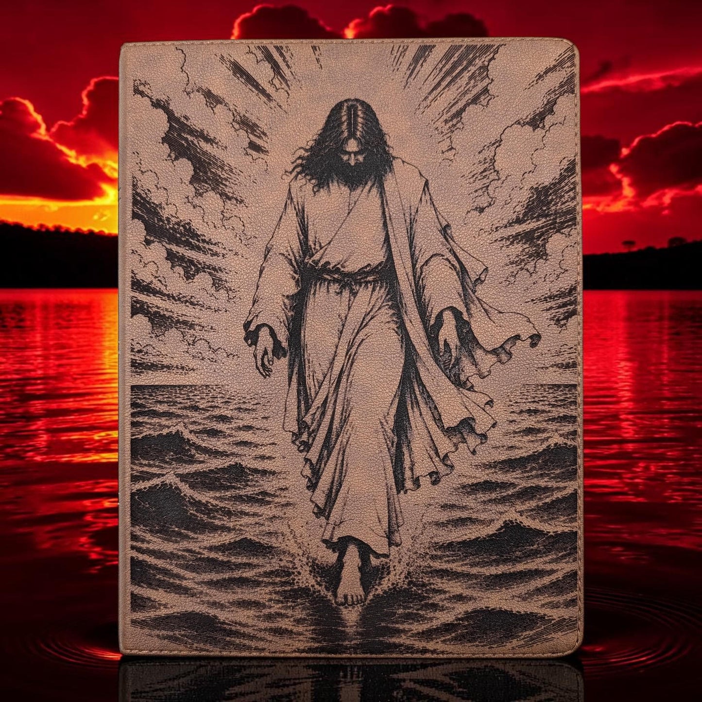 Personalized KJV Bible: Jesus Walking on Water Engraving, Wide Margin, Brown Leatherlike