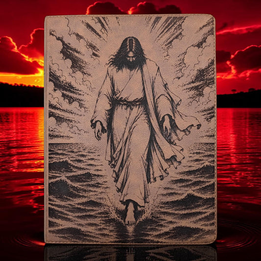 Personalized KJV Bible: Jesus Walking on Water Engraving, Wide Margin, Brown Leatherlike