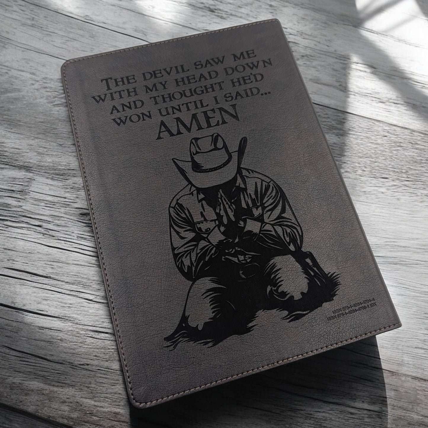 Personalized Every Man's Large Print NLT Bible: Engraved Rodeo Bull & Kneeling Cowboy, Brown Cover