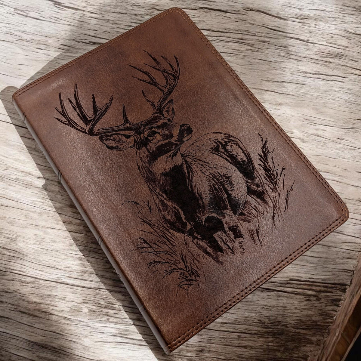 Personalized ESV Bible Giant Print: Engraved Buck Deer, Deep Brown Leatherlike