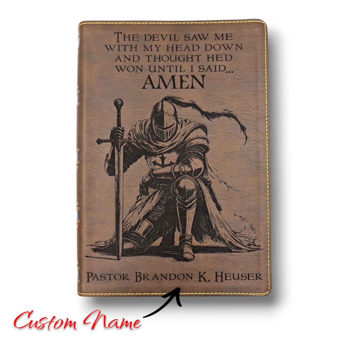 Personalized NKJV Bible with References: Engraved Kneeling Warrior, Wide Margins