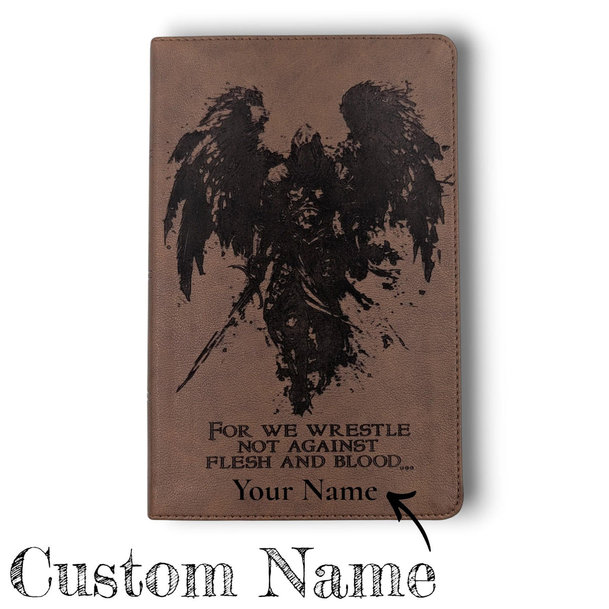 Personalized KJV Bible Personal Size: Engraved Michael the Archangel and Kneeling Warrior, Brown