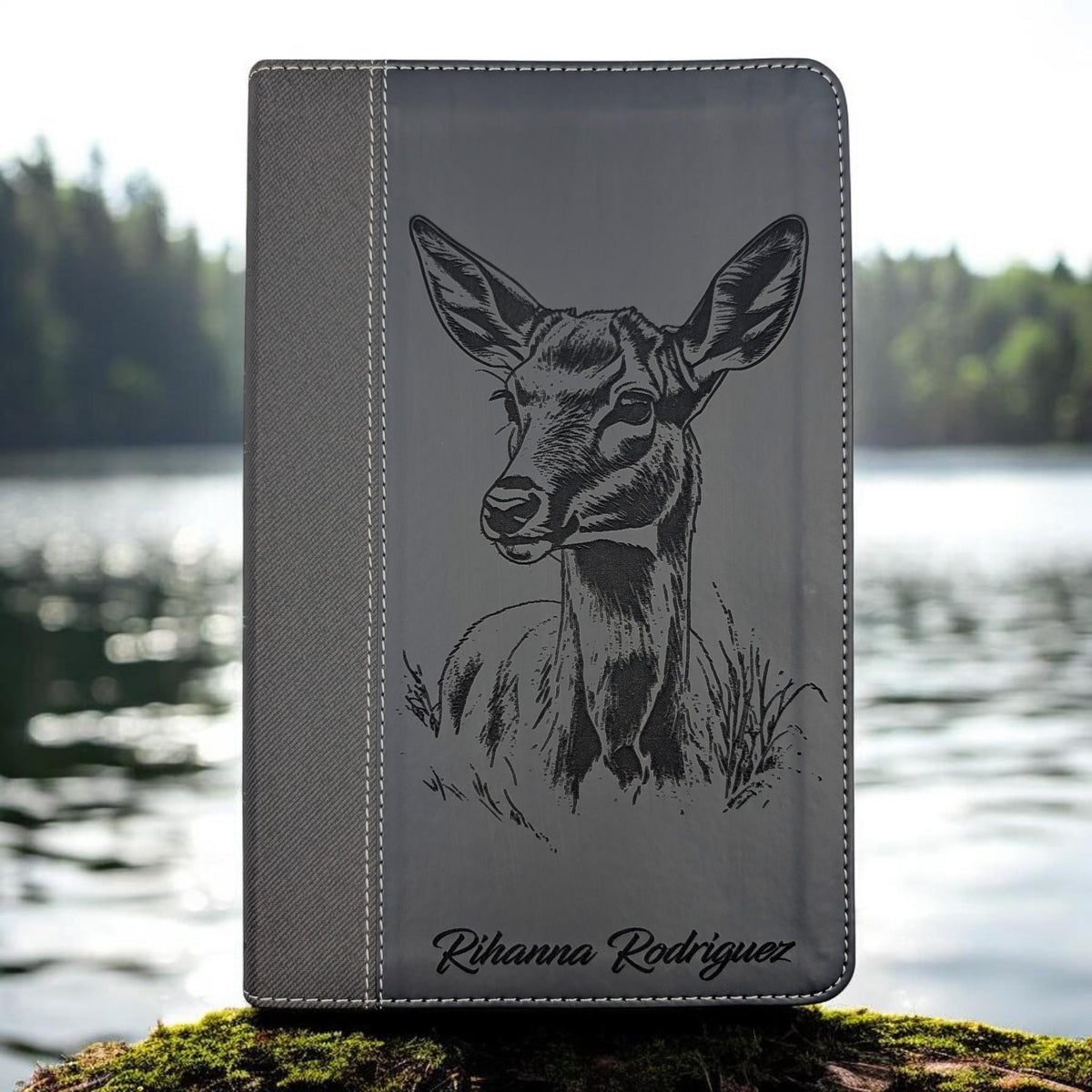 Personalized NIV Bible Large Print: Engraved Doe Deer, Black Leatherlike, Optional Thumb Index
