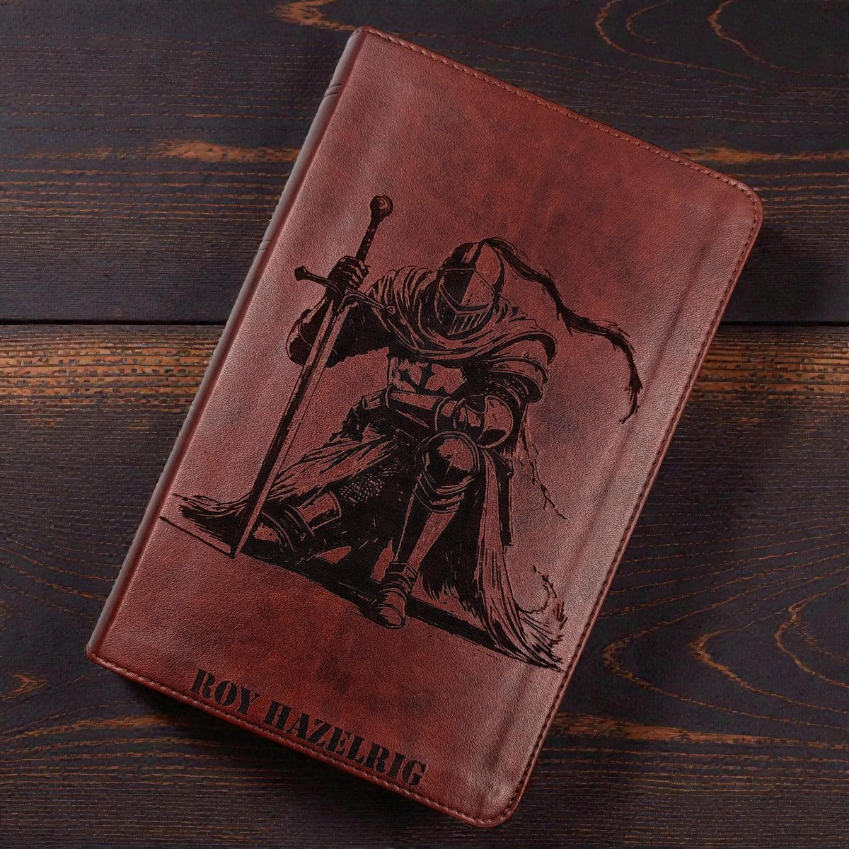 Personalized ESV Bible Large Print: Engraved Kneeling Warrior, Chestnut Brown Cover, Red Letter