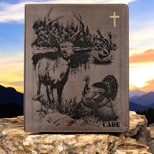 Personalized NIV Journal Bible: Engraved Deer Fish Turkey, Lined Wide Margins