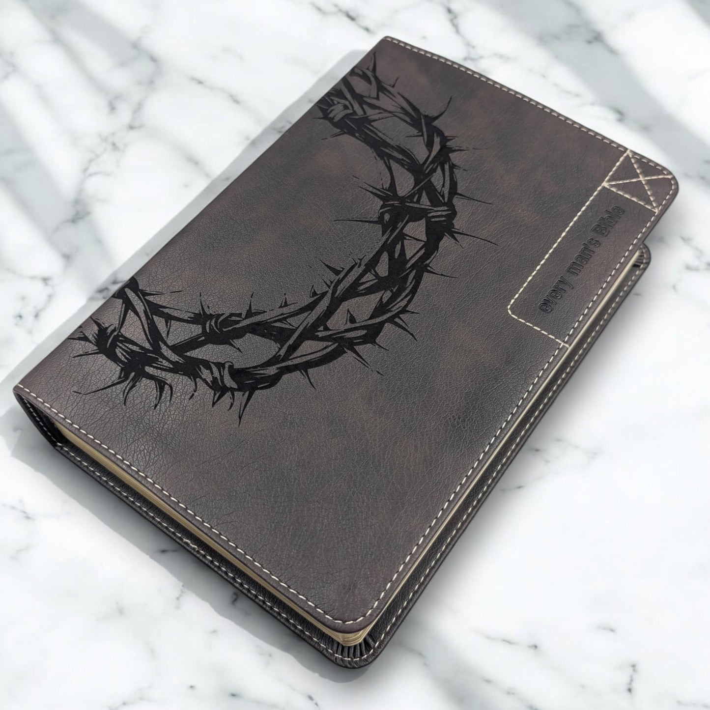 Personalized Every Man's Bible NLT: Engraved Full Crown of Thorns, Brown Deluxe Edition