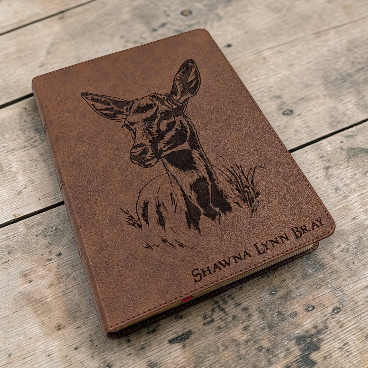 Personalized King James Bible KJV: Engraved Doe Deer, Wide Margins, Brown Leatherlike