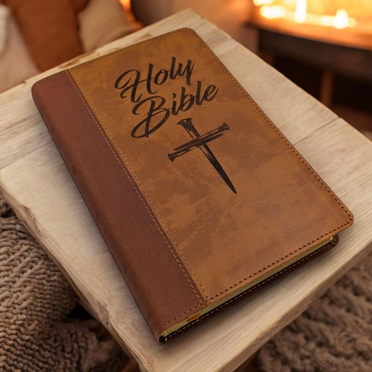 Personalized NIV Bible Large Print: Engraved Cross of Nails, Brown Leatherlike