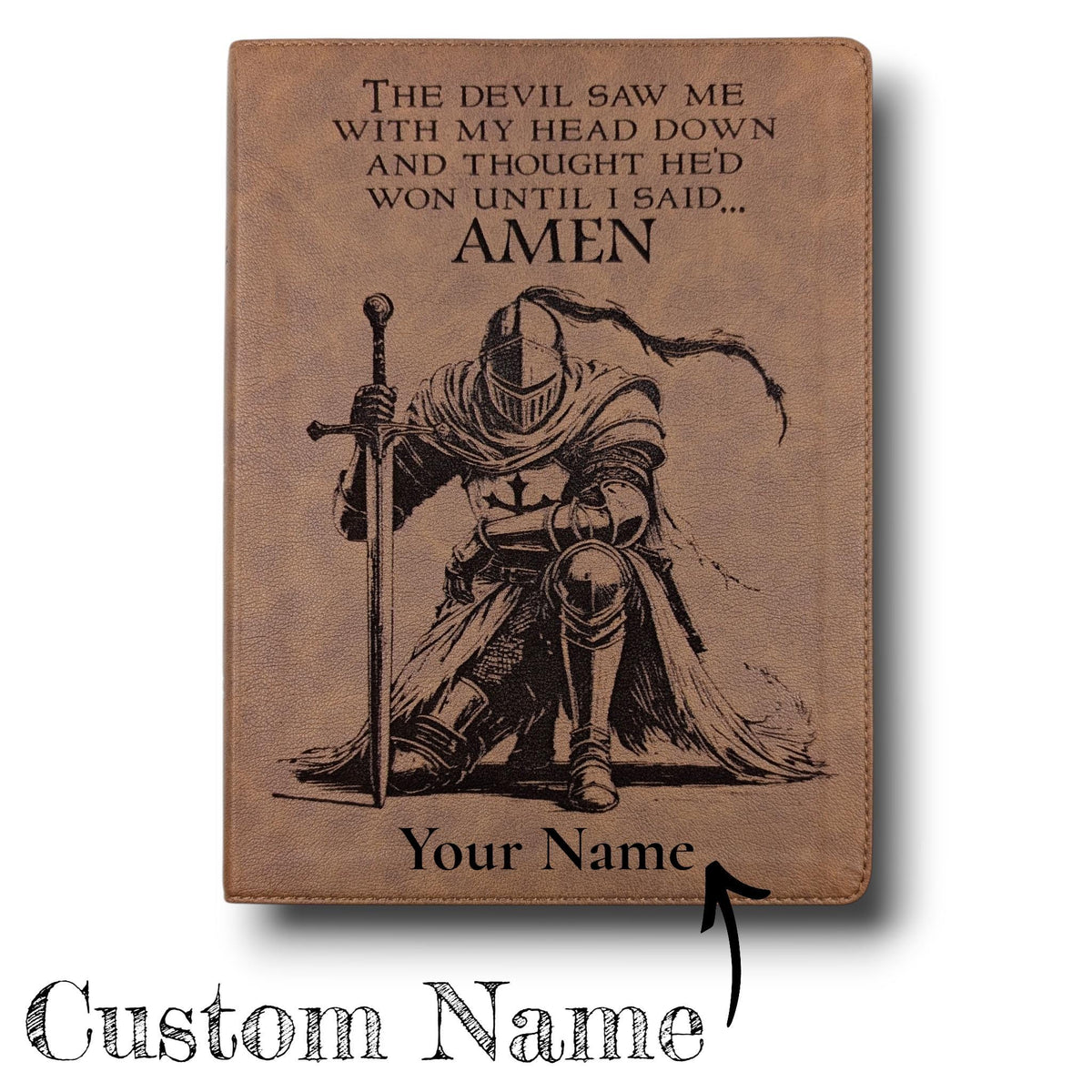 Personalized KJV Bible: Engraved Kneeling Warrior, Wide Margin, Brown