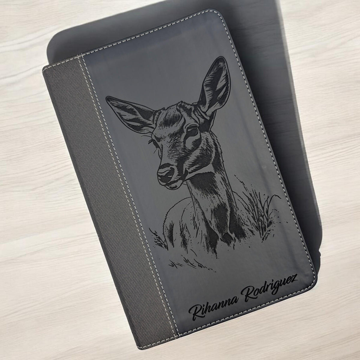Personalized NIV Bible Large Print: Engraved Doe Deer, Black Leatherlike, Optional Thumb Index