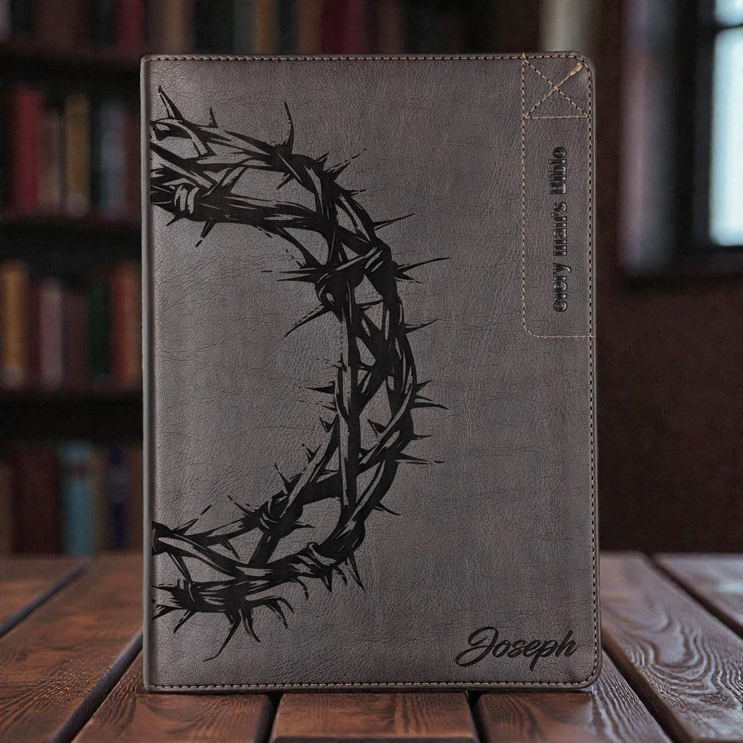 Personalized Every Man's Large Print NIV Bible: Engraved Full Crown of Thorns, Brown Leatherlike