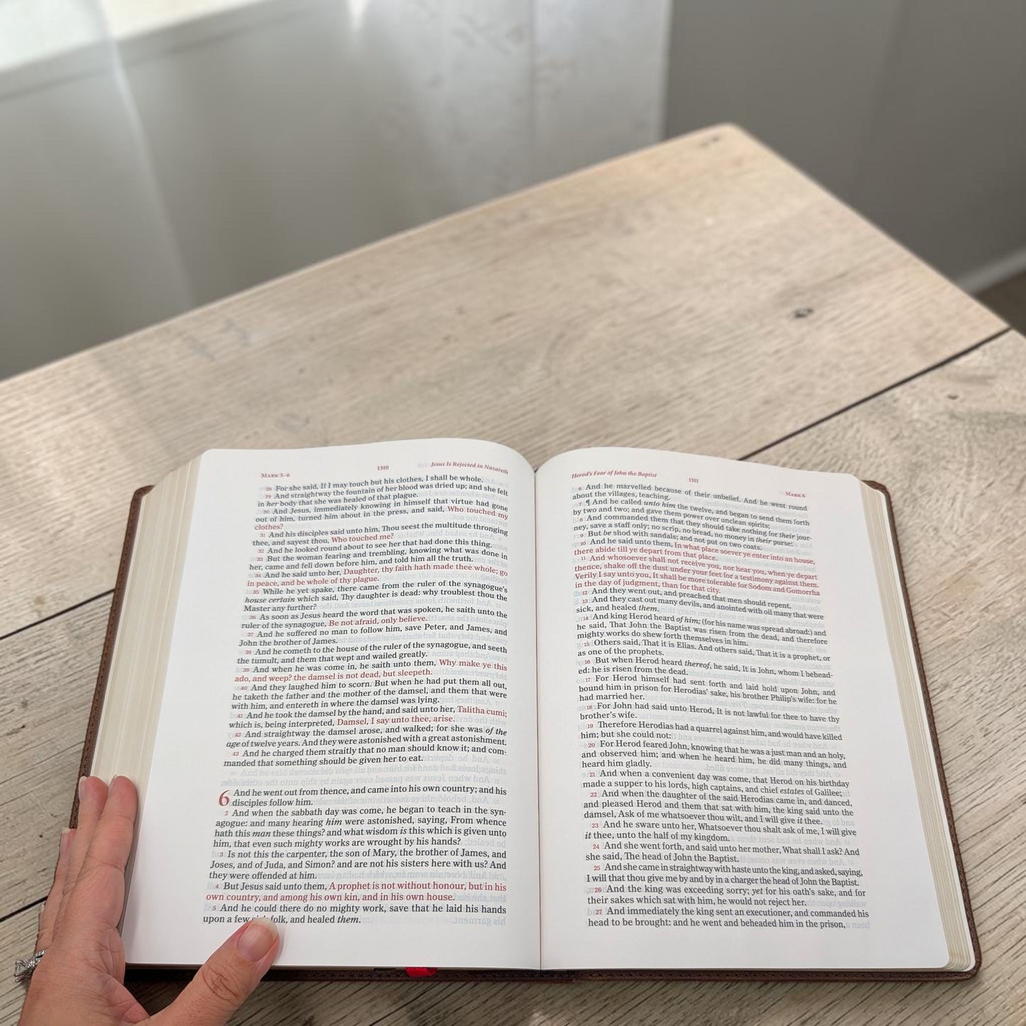 Personalized KJV Bible: Woman Touching Jesus' Garment Engraving, Wide Margin, Brown Leatherlike