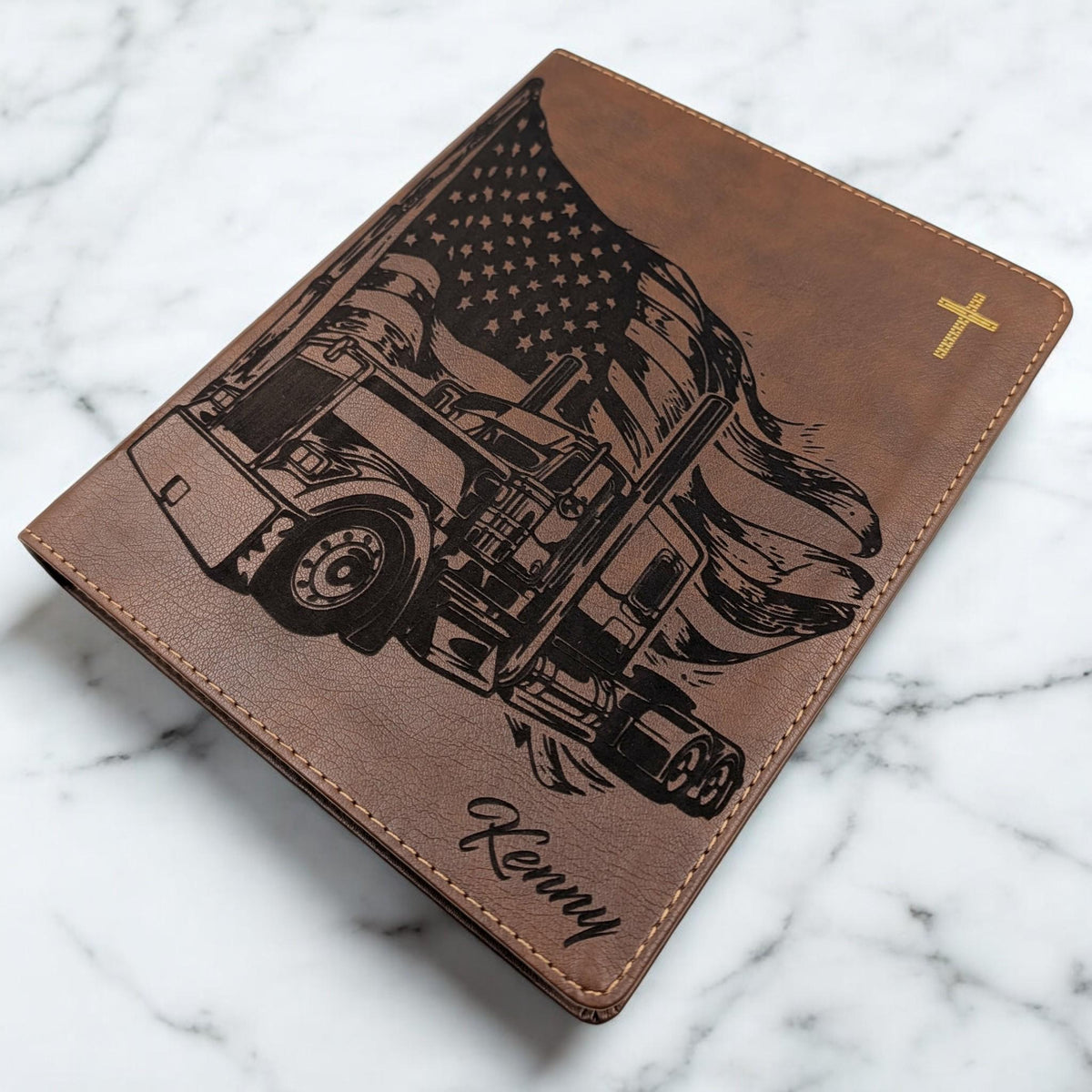 Personalized NIV Journal Bible: Engraved Semi Truck and American Flag, Lined Wide Margins