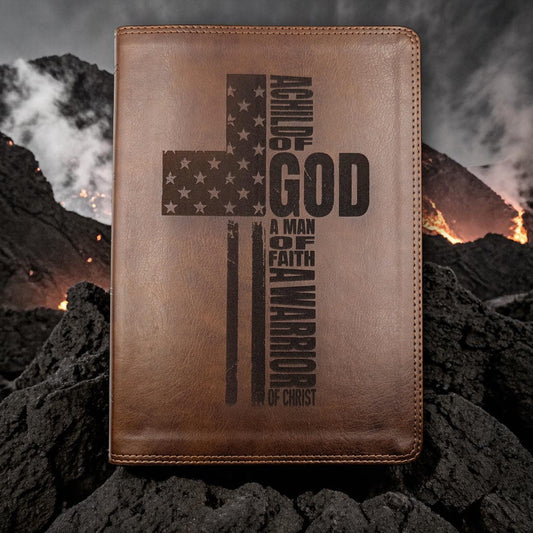 Personalized ESV Bible Giant Print: Engraved Warrior of Christ Cross Design, Deep Brown Leatherlike