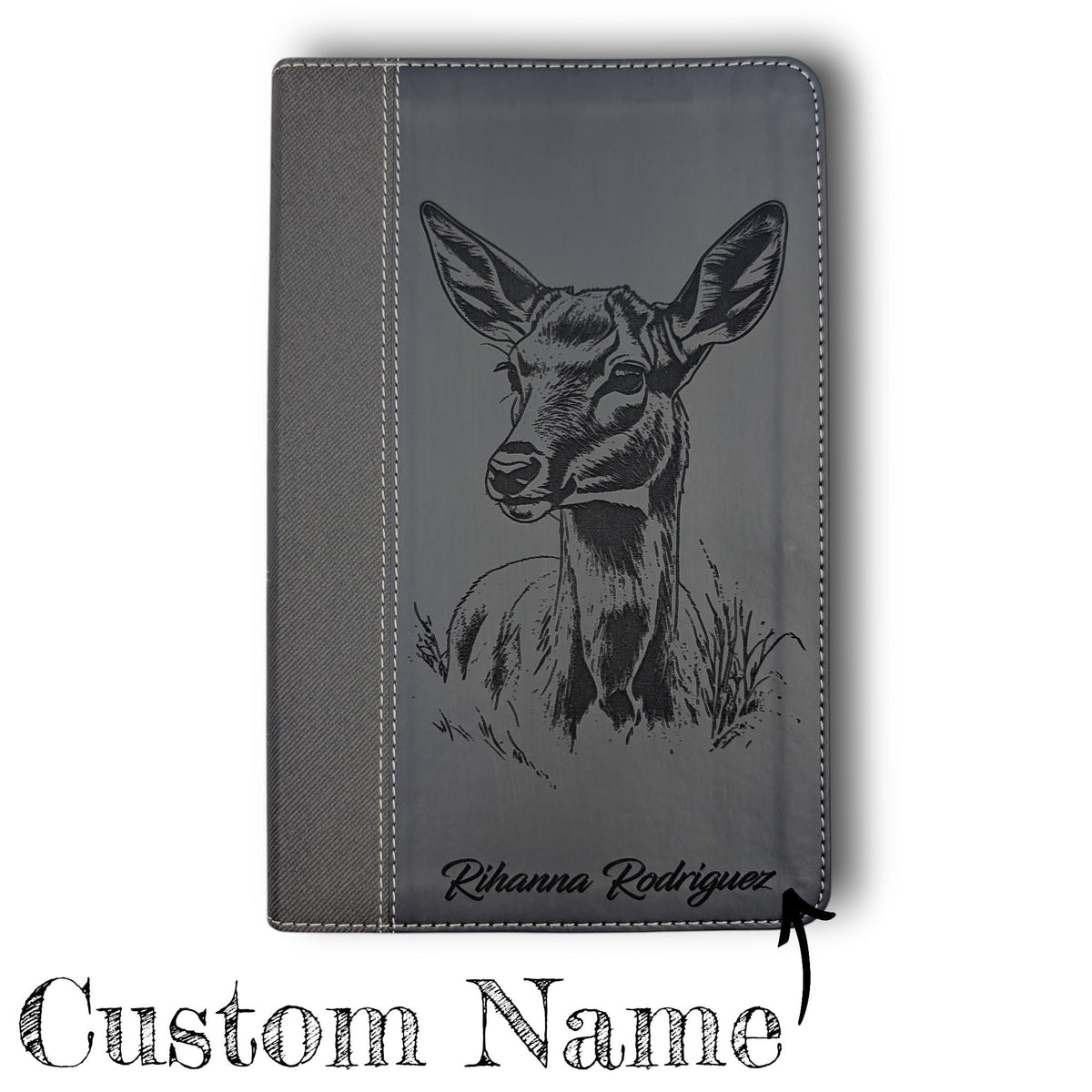 Personalized NIV Bible Large Print: Engraved Doe Deer, Black Leatherlike, Optional Thumb Index