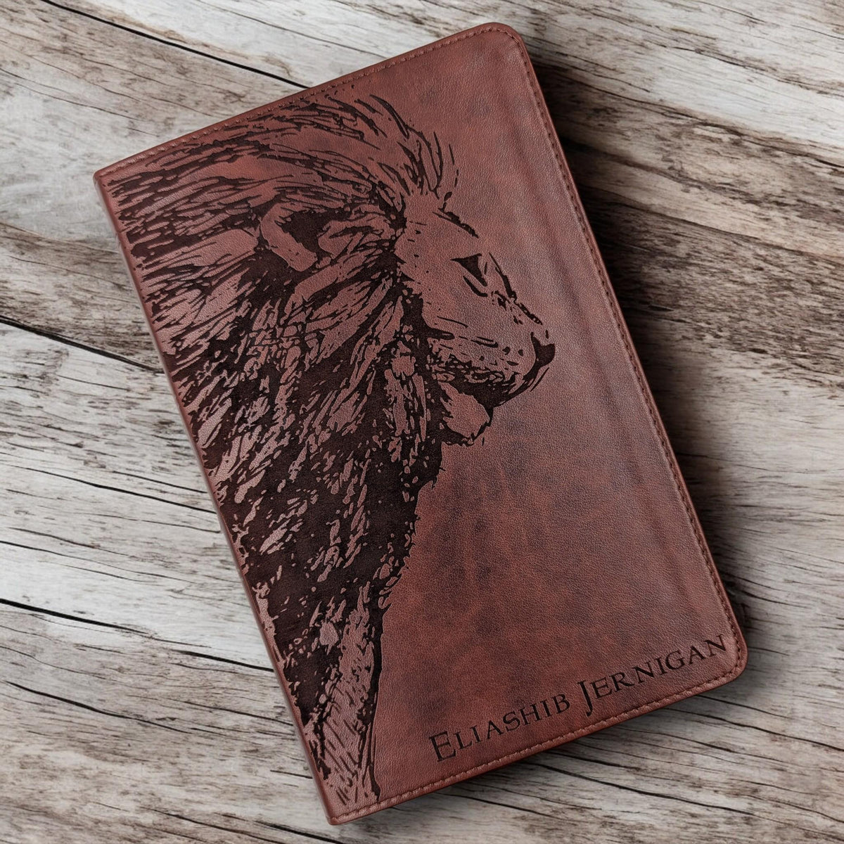 Personalized Large Print ESV Bible: Engraved Lion and Kneeling Warrior
