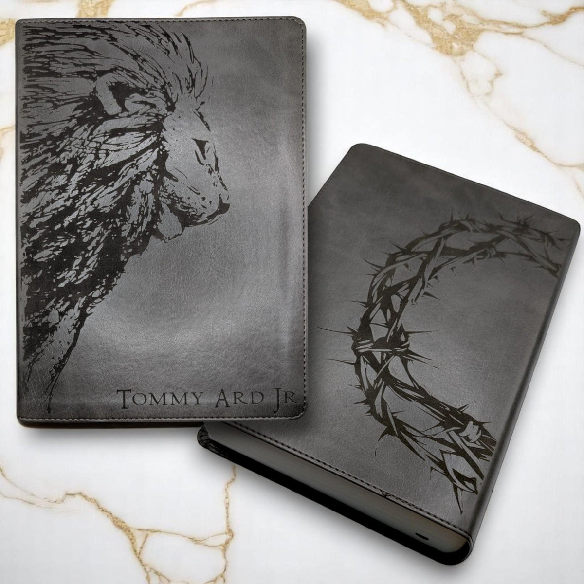 Personalized CSB He Reads Truth Bible: Engraved Lion & Crown, Gray Leatherlike, Wide Margin