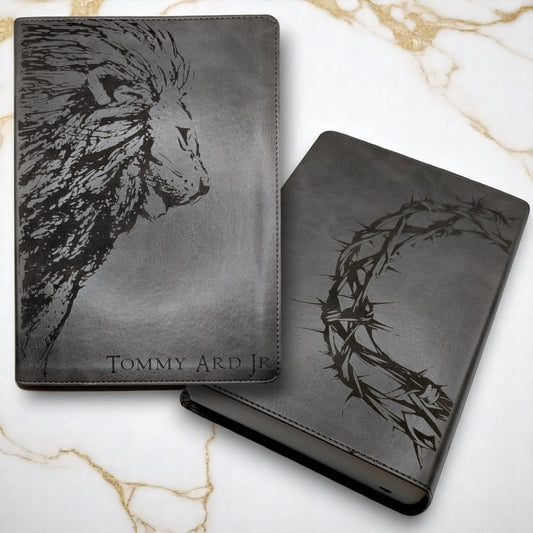 Personalized CSB He Reads Truth Bible: Engraved Lion & Crown, Gray Leatherlike, Wide Margin