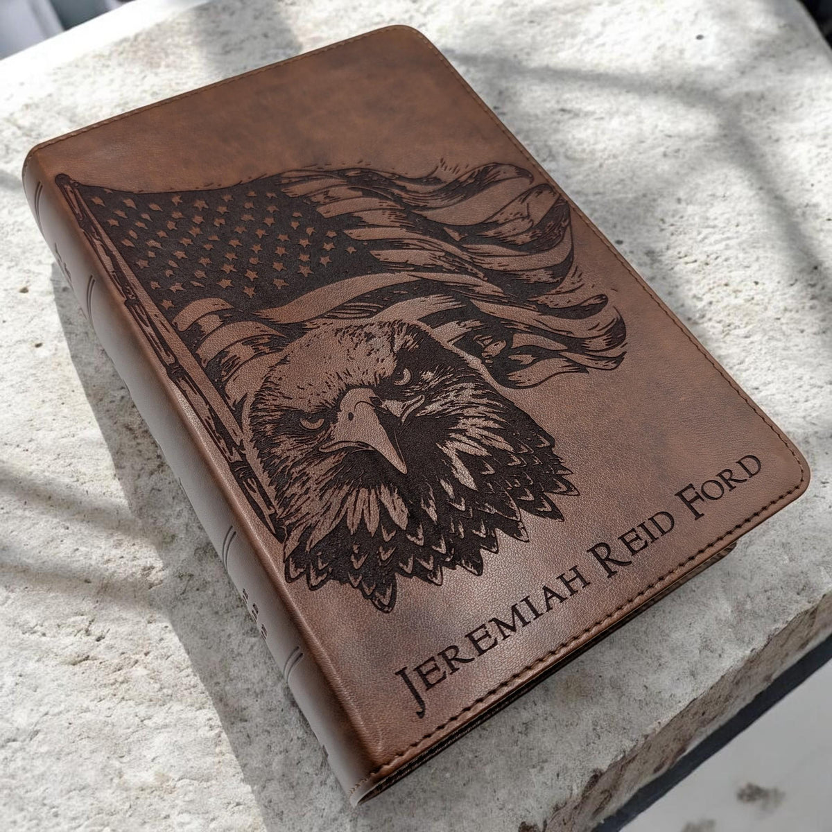 Personalized ESV Study Bible: Engraved American Flag and Eagle Design, Brown Leatherlike, Personal Size