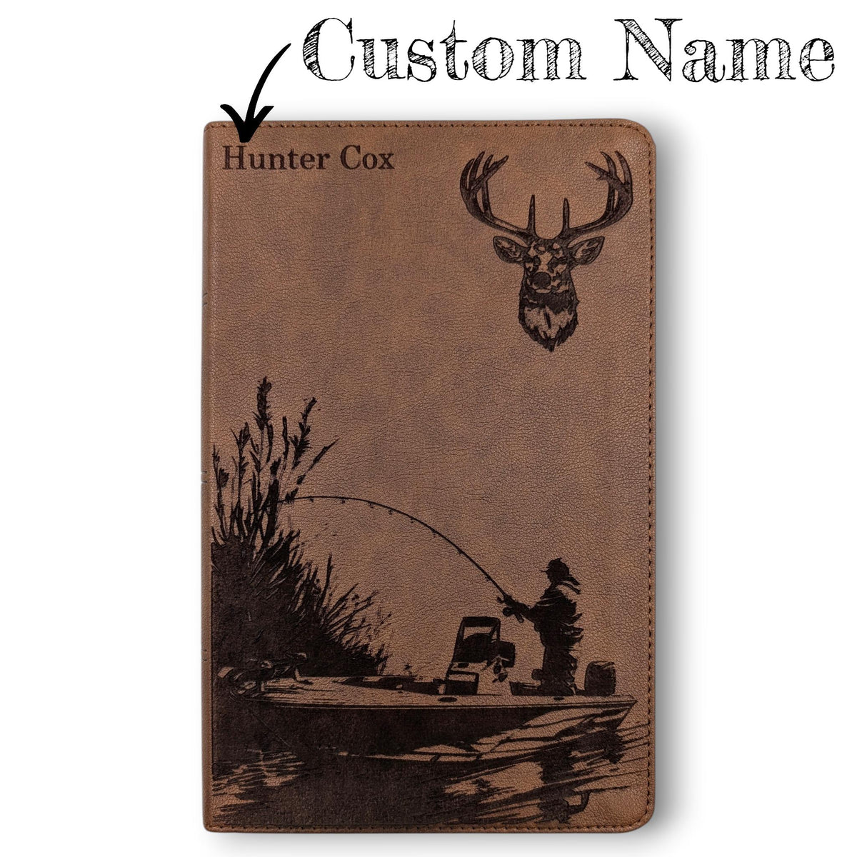 Personalized King James Bible KJV, Personal Size: Engraved Fisherman and Buck Design, Brown Leatherlike