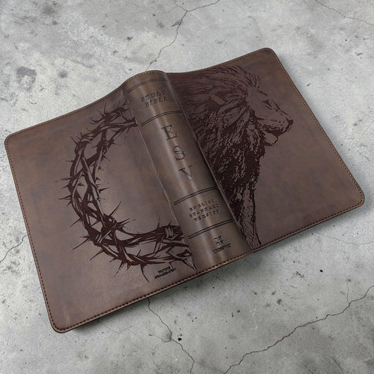 Personalized ESV Study Bible: Engraved Lion & Crown of Thorns, Brown Leatherlike, Personal Size