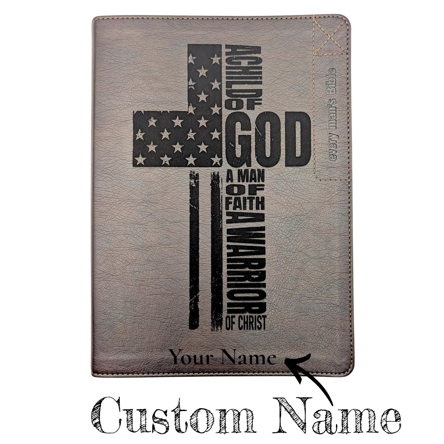 Personalized Every Man's Large Print NLT Bible (Brown): Engraved Flag Cross, Optional Thumb Index
