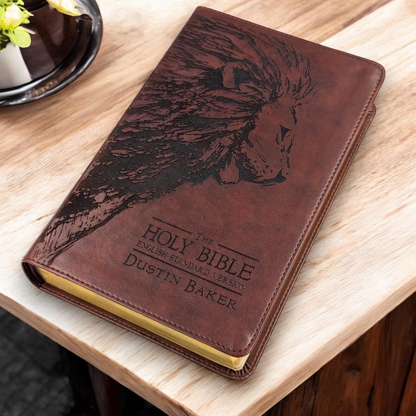 Personalized ESV Bible Large Print: Engraved Lion, Custom Name, Red Letter