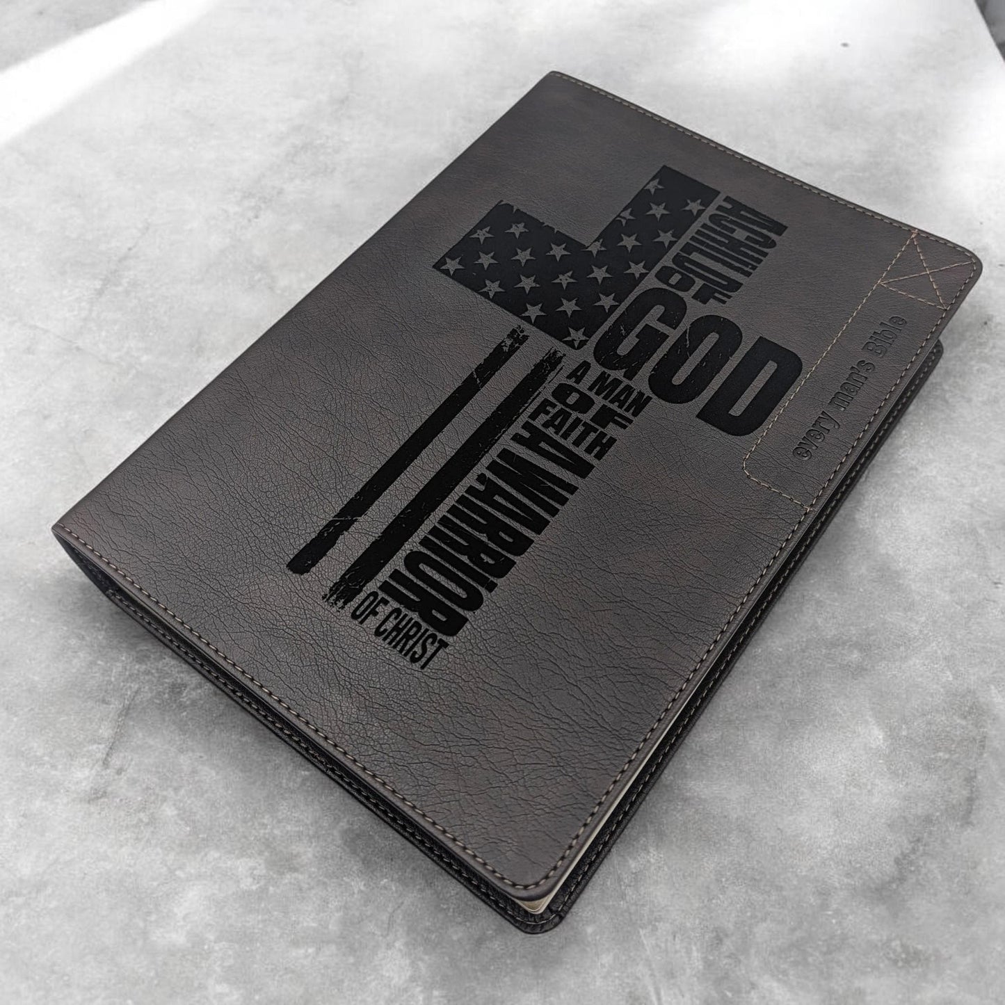 Personalized Every Man's Large Print NIV Bible: Engraved Flag Cross, Brown Leatherlike