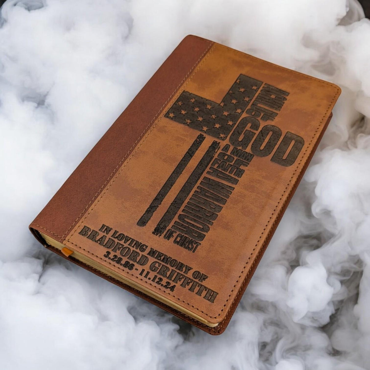 Personalized NIV Bible Large Print: Engraved Warrior of God Cross, Brown Leatherlike
